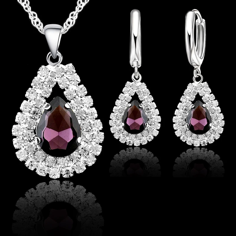 S925 Sterling Set Gioielli D\'argento Per La Cerimonia Nuziale di Fidanzamento Da Sposa Delle Donne di Goccia Dell\'acqua di Cristallo Pendenti Con