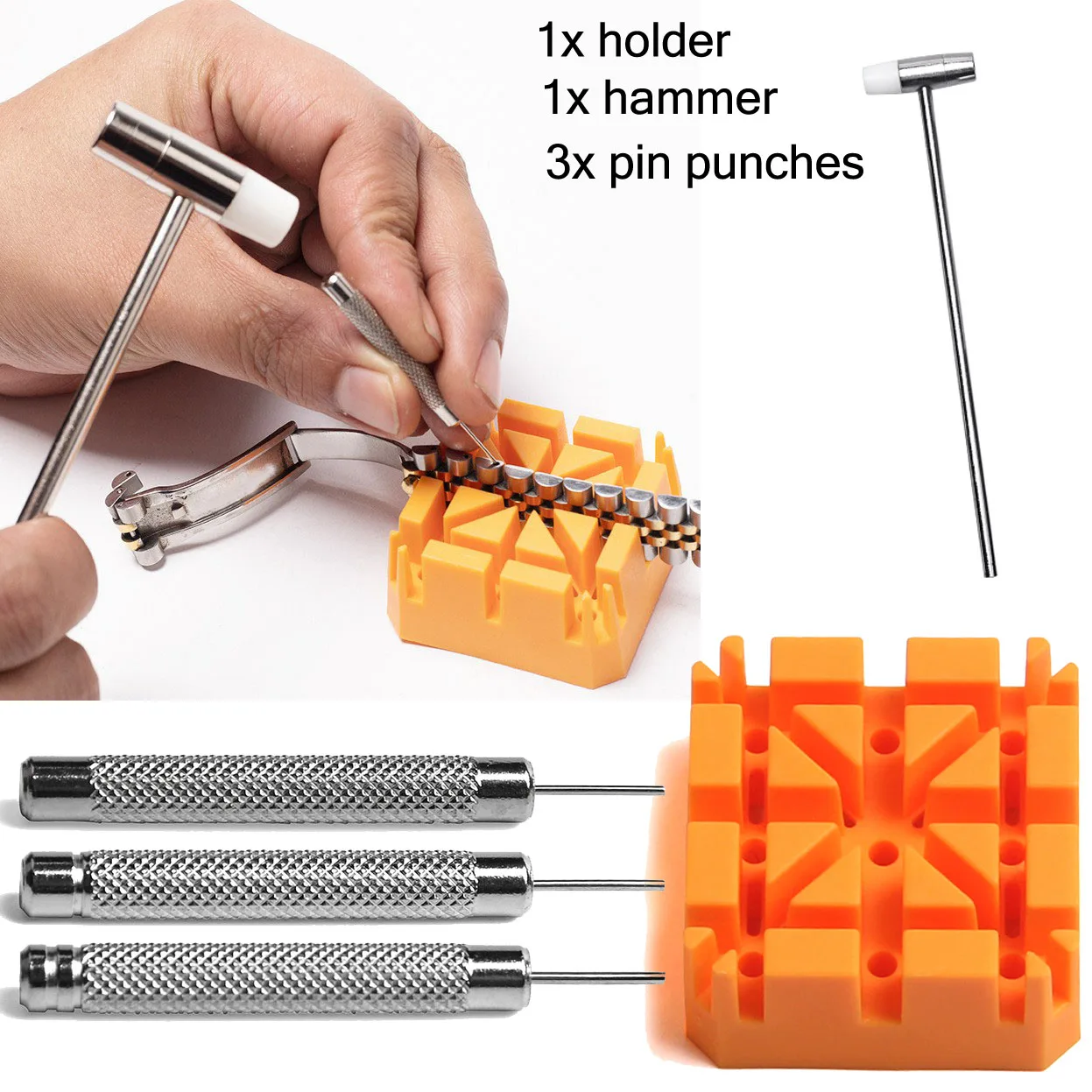 Set of 5PCS Watch Strap Link Remover Repair Tool Kit Watch Band Pin Punch Hammer Bracelet Holder Adjust Punching Watchmaker Tool