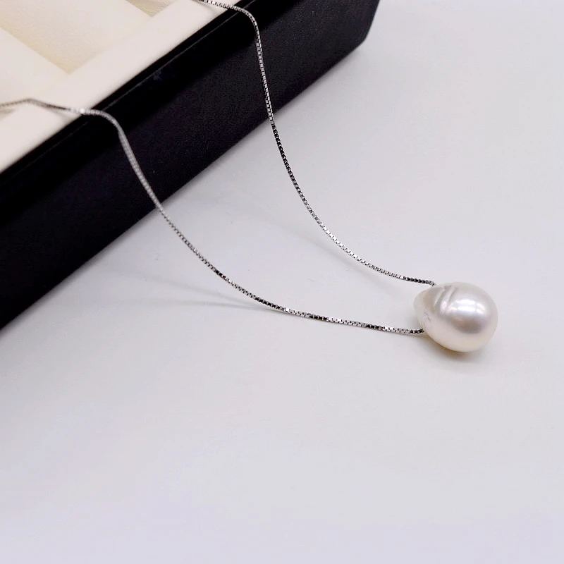 Women\'s Pendant Necklace Natural Freshwater Pearl Silver Necklace 11-12mm White Baroque Water Drop Pendant Necklace for Girls