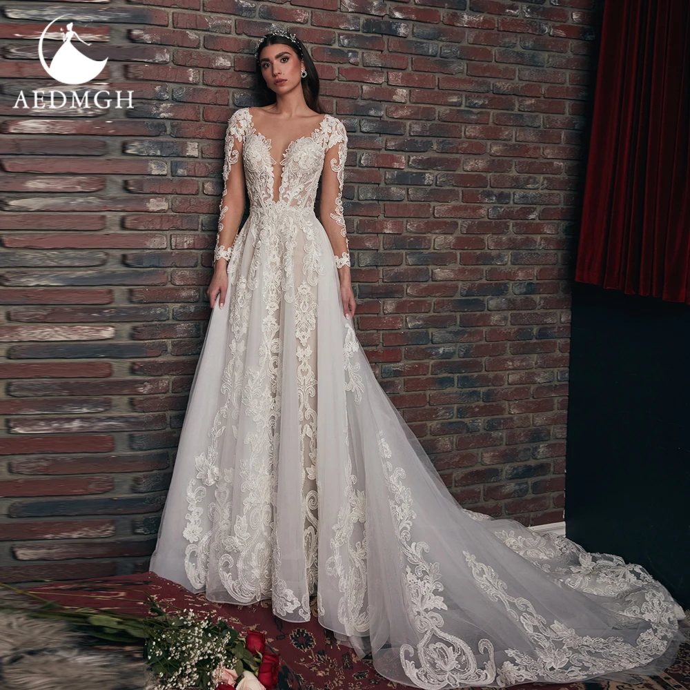 

Aedmgh A-Line Wedding Dresses 2024 Sweetheart Long Sleeve Court Train Vestido De Novia Appliques Backless Vintage Robe De Mariee