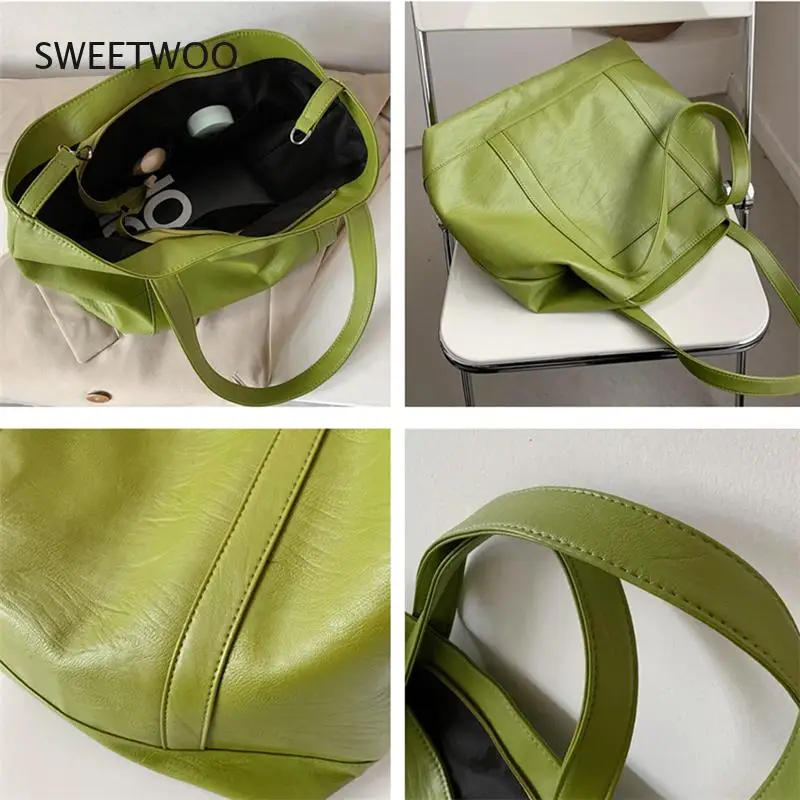 Women Large Soft Tote Bag Faux Leather Shoulder Bag Green White Brown Summer 2021