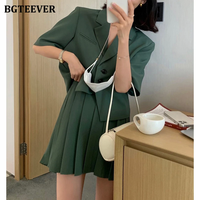 BGTEEVER Stylish Women Skirt Suits Double Breasted Jackets & High Waist A-line Mini Skirts Elegant Female 2 Pieces Blazer Set