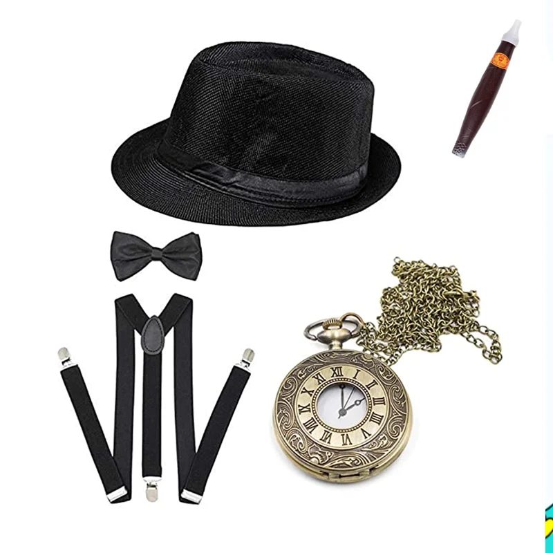 disfraz 1920s Gatsby party role-playing suit Vintage party top hat Pocket watch Fake Cigar Suspender beard suit ecoparty