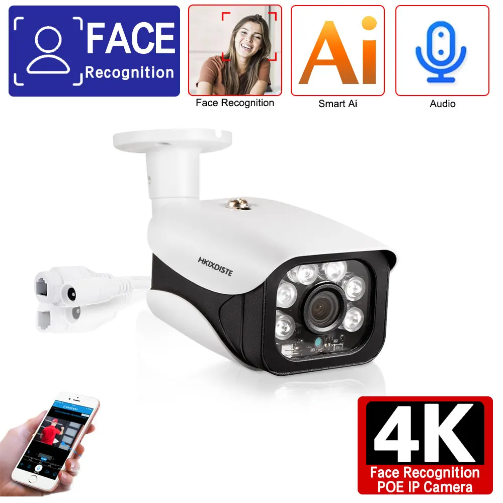 

8MP Face Recognition HD IP Camera IR-cut Night PoE Bullet Built-in Mic Motion Detection Plug/Play 48V NVR Video Surveillance