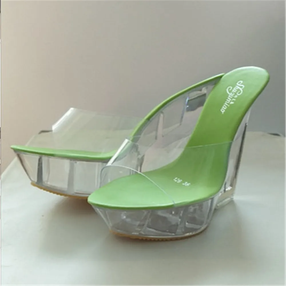 

2024 New Slippers Women Clear Transparent Wedge Heel Platform Sandals Open Toe Fashion Shoes Crystal High 10CM Pumps Plus 34-43