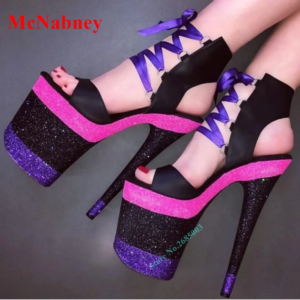 Satin Lacing Matte Black Lace Up Sandals Glitter Heels Platform Mixed Colors Ankle Open Toe Sandals Women Shoe High Heels Sandal