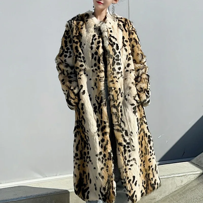 2021 Winter Women Real Rex Rabbit Fur Coats  Fashion Long Leopard Overcoat Simple Warm Ladies Outerwear Luxurious Street New