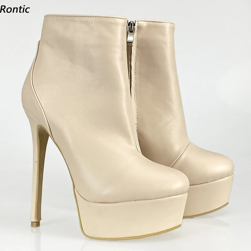 Rontic Women Winter Platform Ankle Boots Faux Leather Zipper Stiletto Heels Round Toe Gorgeous Beige Party Shoes US Size 5-20