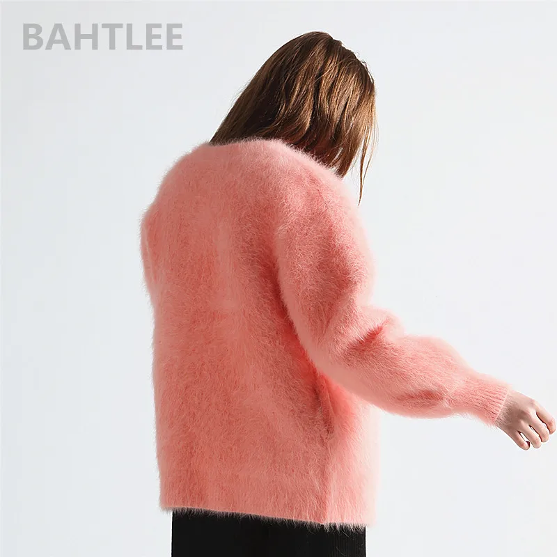 BAHTLEE-Women\'s Angora Cardigans, Wool Knitted Sweater, O-Neck, Pearl Button Pocket, Thick, Keep Warm, Winter