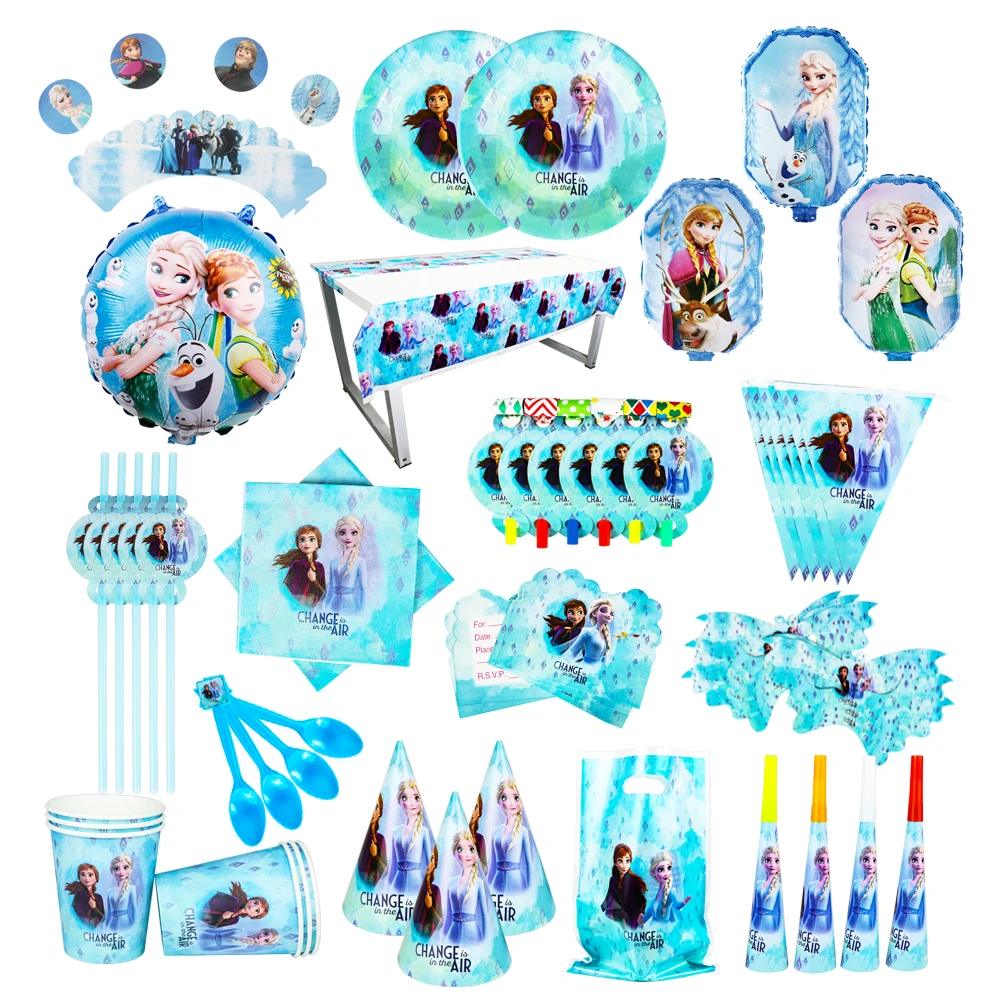 Disney Frozen 2 Party Cups Plates Flag Straw Tablecloth Balloon Boy Girl Baby Shower Decorations Disposable Tableware Supplies