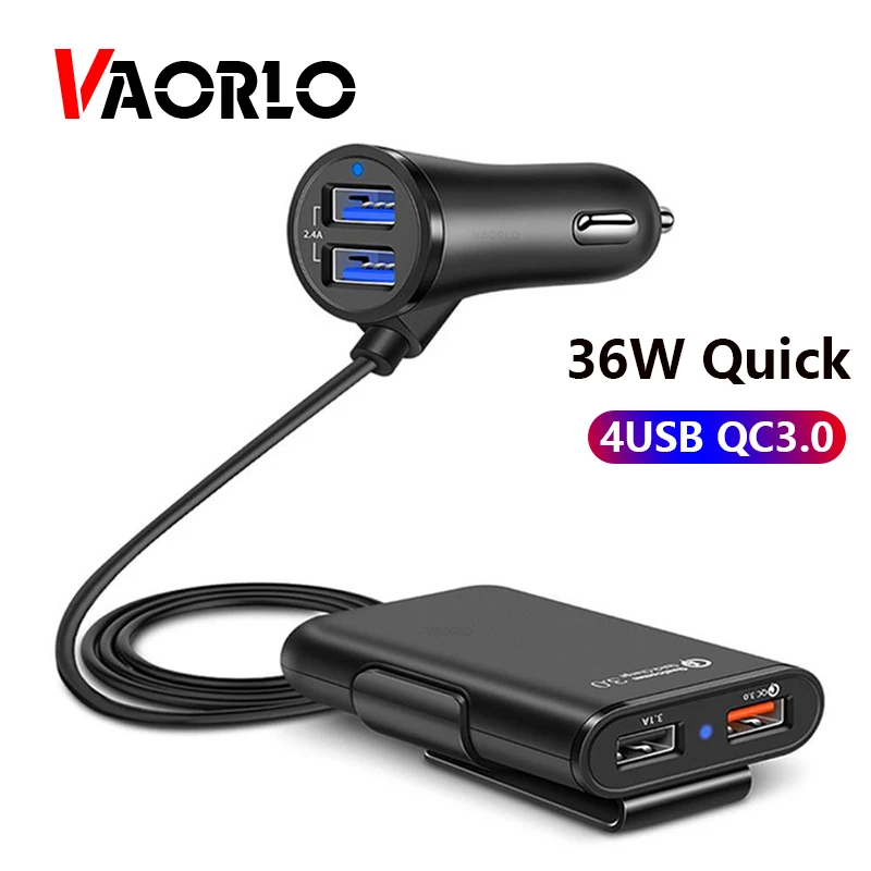 VAORLO 36W Quick Charge 3.0 USB Car Charger Extension Cord Cable Car Usb Charger Passenger Car Rear Charger