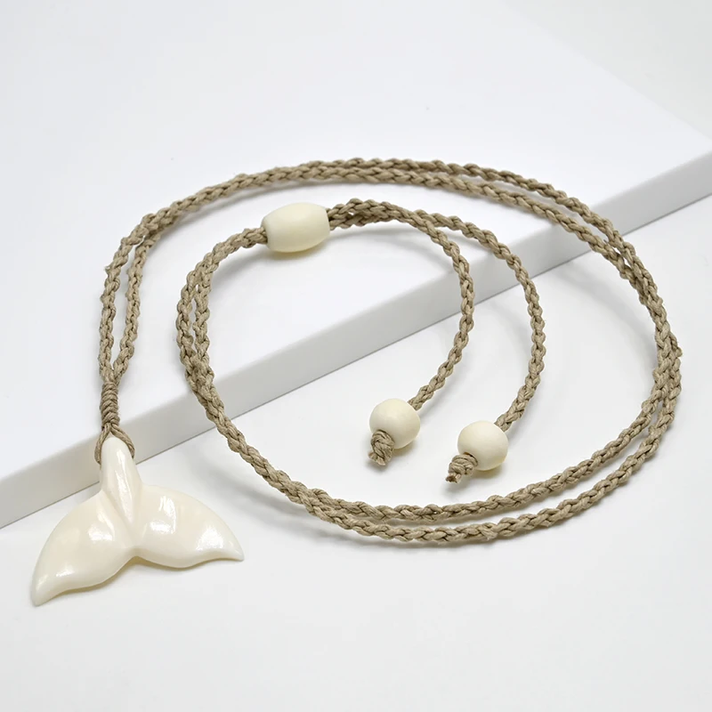 NGX039 Man Jewelry New Zealand Maori Tribes Pendant Natural Bone Whale\'s Tail Hemp Rope Weaving Beach Leisure Surfing Necklace