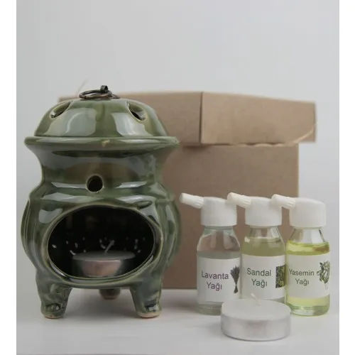 Gift Idea Tendür Designed Censer and 3 Pcs Oil Set-Green