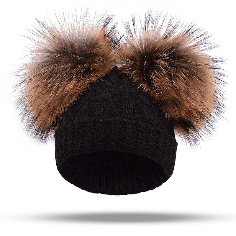 

Women Pompon Hats Winter Knitted hat Girl Warm Nature Fur Pom Pom Hat Scarf Thick Wool Beanies Hats Caps Kids Baby Solid Bones