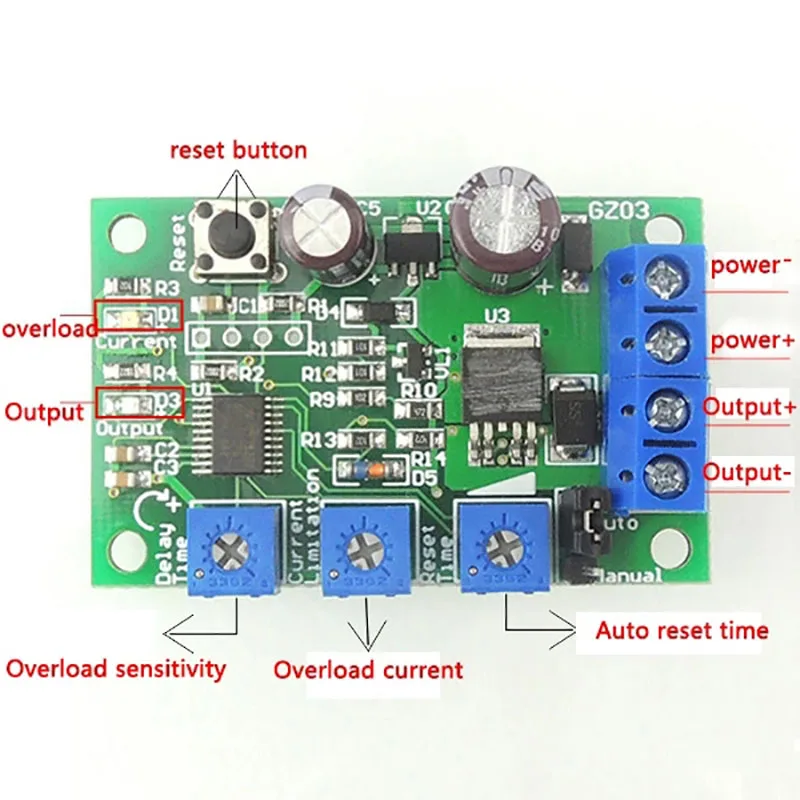 DC Motor Overcurrent Protector, mutável-Rotor Switch Protector Module, limite de corrente ajustável Switch, 6V, 12V, 24V, 10A