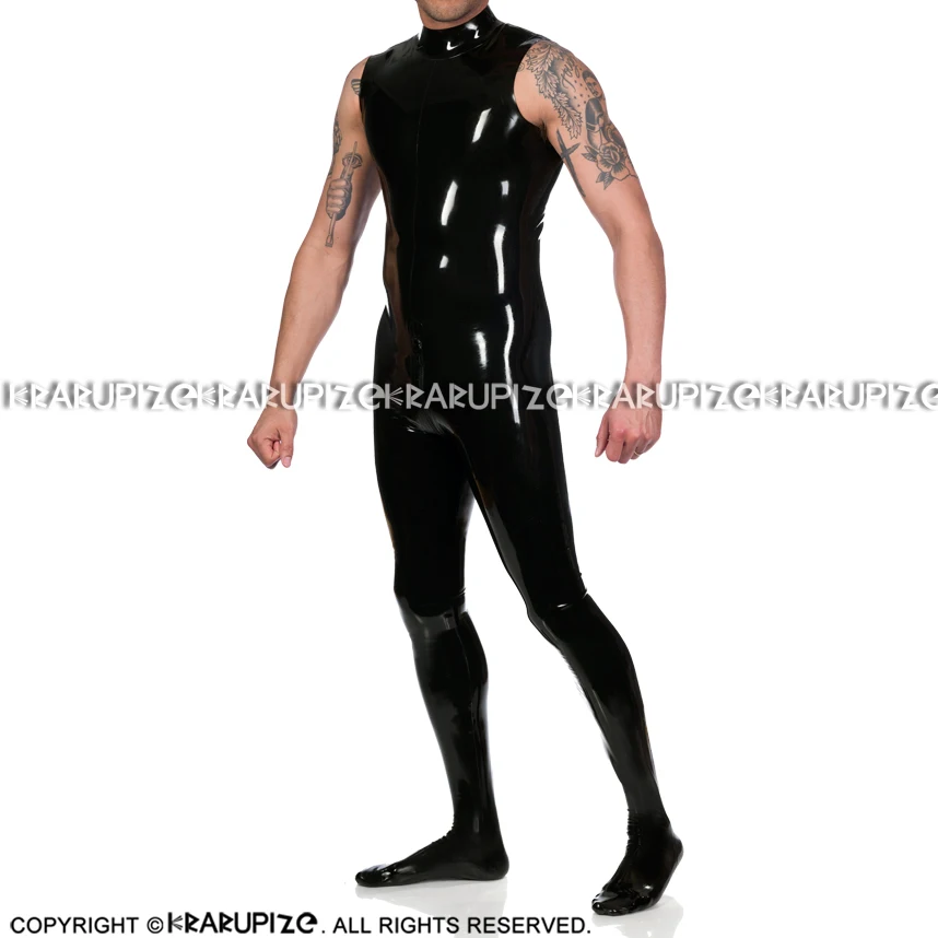 Catsuit de látex sin mangas para hombre y mujer, traje Sexy negro con cuello alto con cremalleras, de goma, para LTY-0275