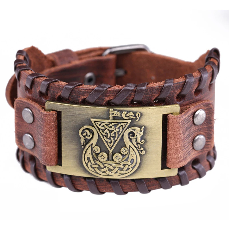 Trendy Nordic Odin Triangle Pirate Ship Bracelet Viking Men's Bracelet Fashion Leather Woven Accessories Party Jewelry Wholesale