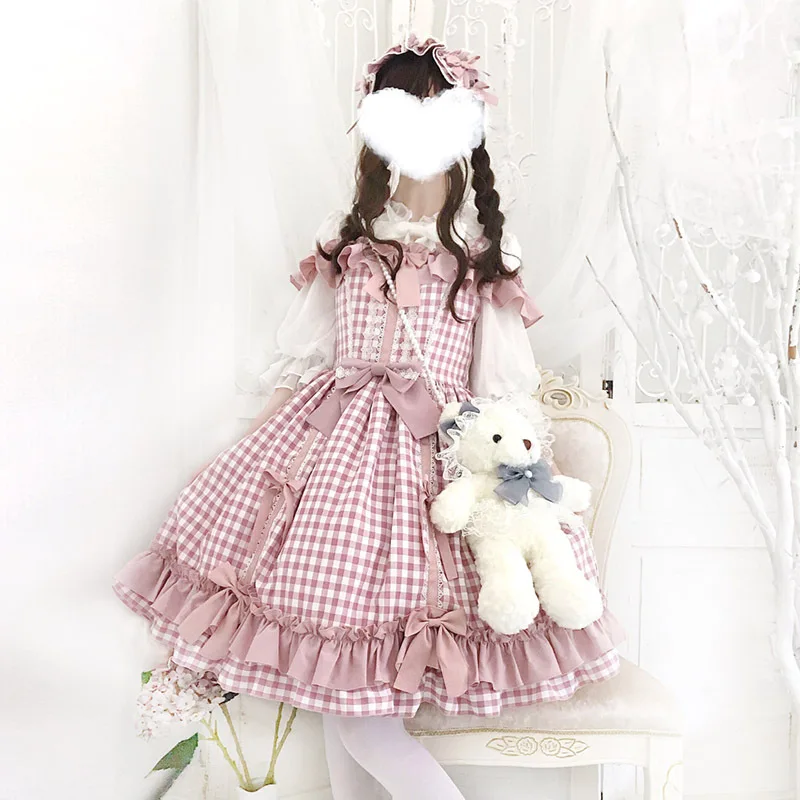 Prinzessin tee party rosa süße lolita kleid vintage spitze bowknot gitter viktorianischen kleid kawaii mädchen gothic lolita jsk loli cos