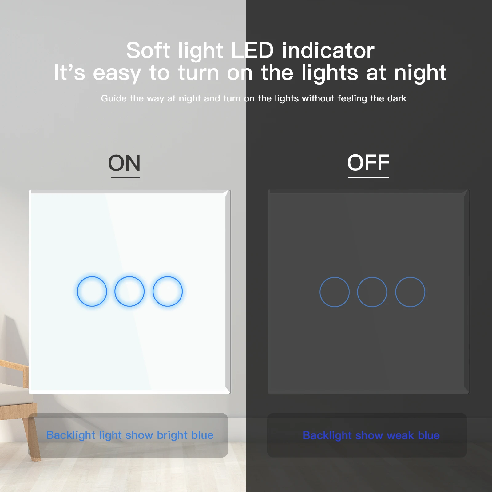 BSEED 1/2/3Gang Touch Light Switches Glass Panel 2Way Wall Switches Home Led Power Switches Blue Backlight EU Standard Sockets