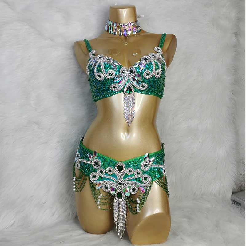 New Arrival Women\'s Beaded Belly Dance Costumes Wear Bra Belt 2pc Sets Ladies Bellydancing Costumes Carnival Bellydance Clothes