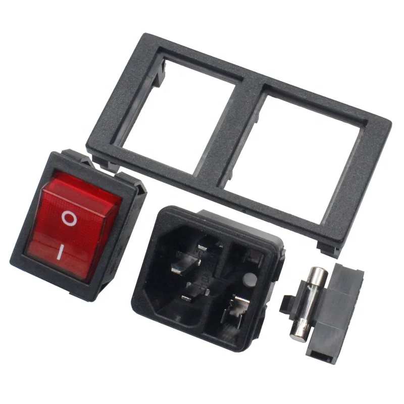 iec320 C14 10A 250VAC 3 Pin inlet connector plug power socket with 4pin red lamp rocker switch and 10A fuse