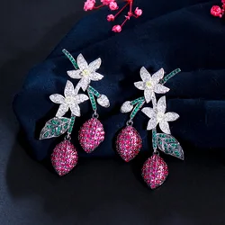 CWWZircons Elegant Designer Flower Leaf Water Drop Green Red Cubic Zirconia Crystal Long Dangle Party Earrings for Women CZ983