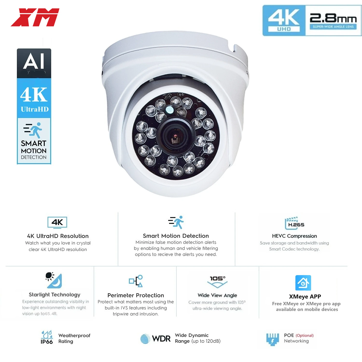 4K 8MP UltraHD PoE IP Security Camera Dome 3840x2160 8 Megapixels Turret Camera Outdoor Camera IP66 Weatherproof 65ft NightVisio