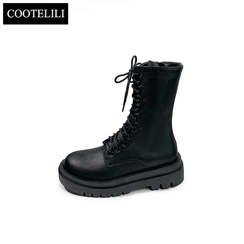 COOTELILI Women Ankle Boots PU Leather 2024 Winter Woman Boots Platform Boots Shoes 5cm Heel Lace UP Zip Plus Size 41 42 43