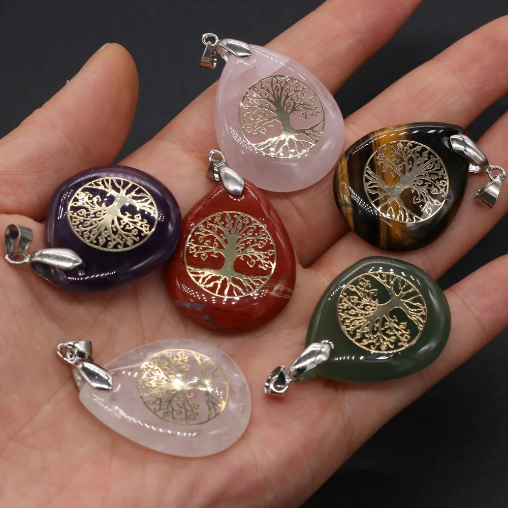 Natural Stone 7 Chakra Reiki Heal Pendant Charm Rose Quartzs Tiger Eye for Earring Necklace Bracelet Jewelry Making Size 25x32mm
