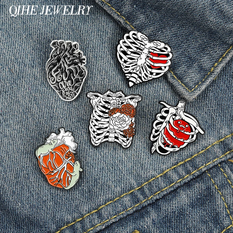 Anatomical Rib Cage Enamel Pin With Flower Egg Mouse Human Anatomy Heart Badges Brooches for Women Men Couple Jewelry Wholesale