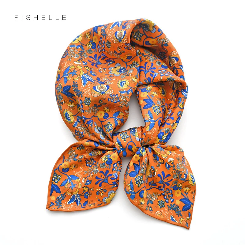 Outdoor travel 100% twill silk scarf for women printing flower 65cm square bandana foulard ladies hair scarves headscarf warp