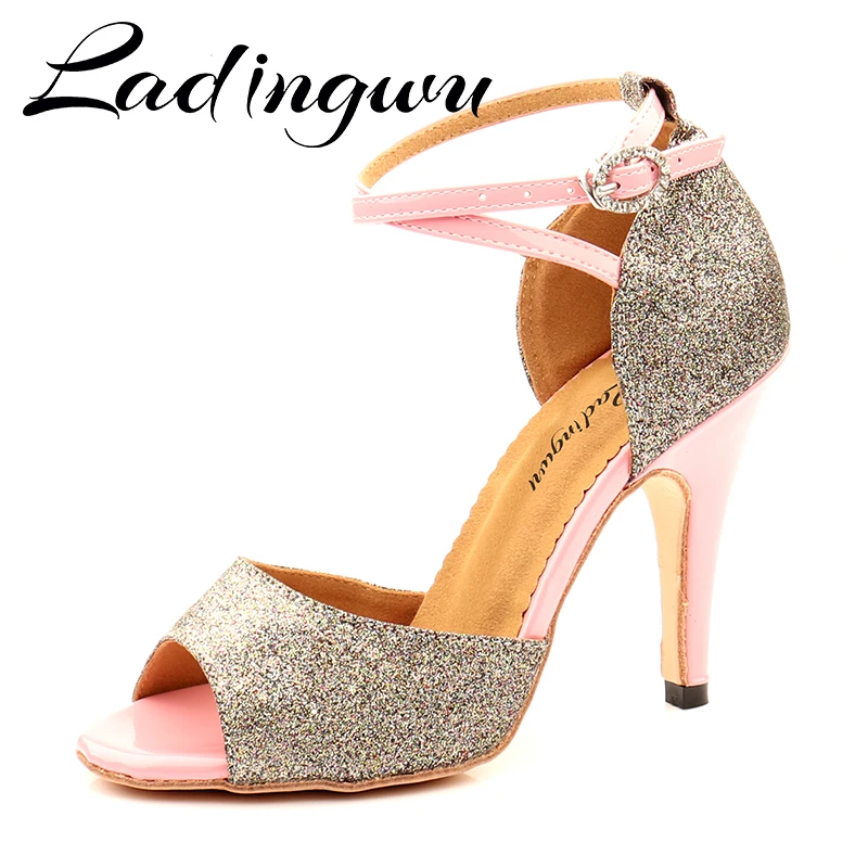 Ladingwu Tango Dance Shoes Pink PU and Gray Glitter Latin Dance Shoes For Women Salsa Dance Shoes Outdoor Dance Sandals