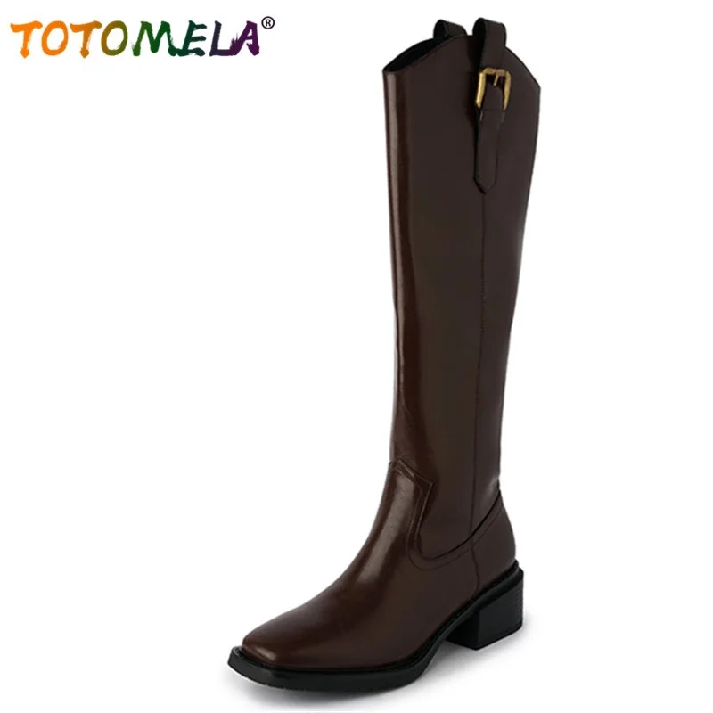 

TOTOMELA New Arrive Slip On Fashion Women Winter Boots With Fur Comfortable Genuine Leather Boots Retro Simple Knee High Boots