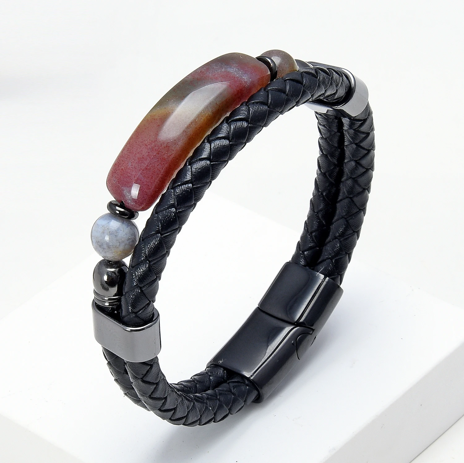 High Quality Natural Stone Man Bracelet Black Leather Rope Chain Men Stainless Steel Clasp Tiger Eyes Bracelets Handmade Jewelry