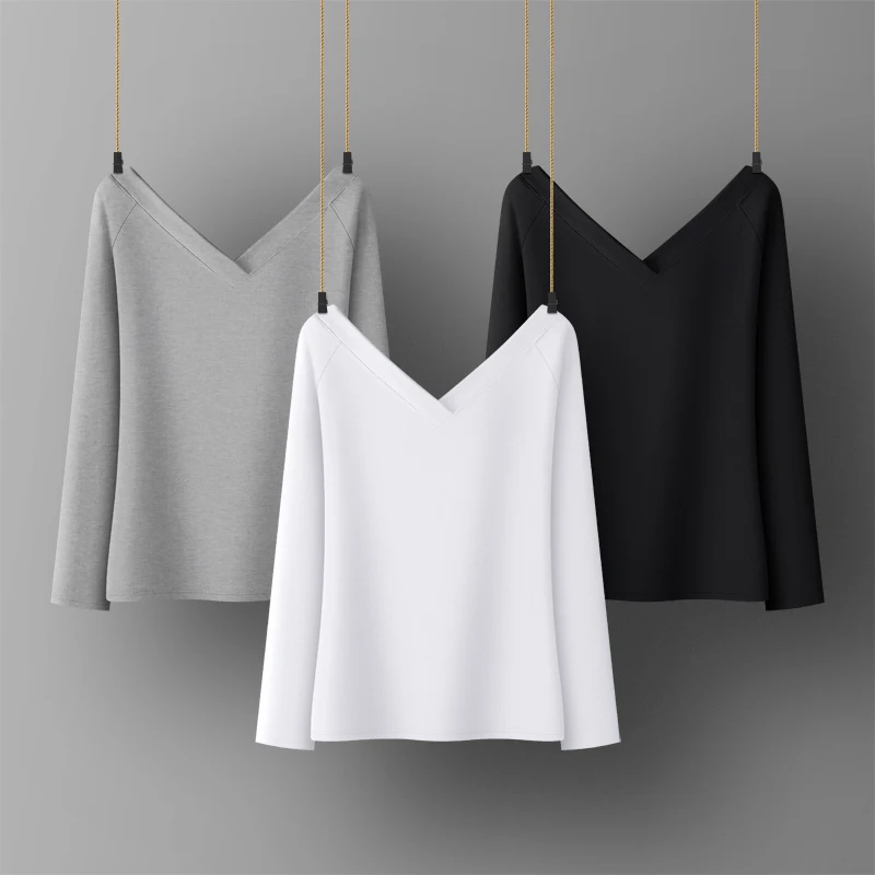 Women Soft Cotton T-shirt V-NECK Solid color Lady Tees Long Sleeve  Women's clothings All match Female T-shirts