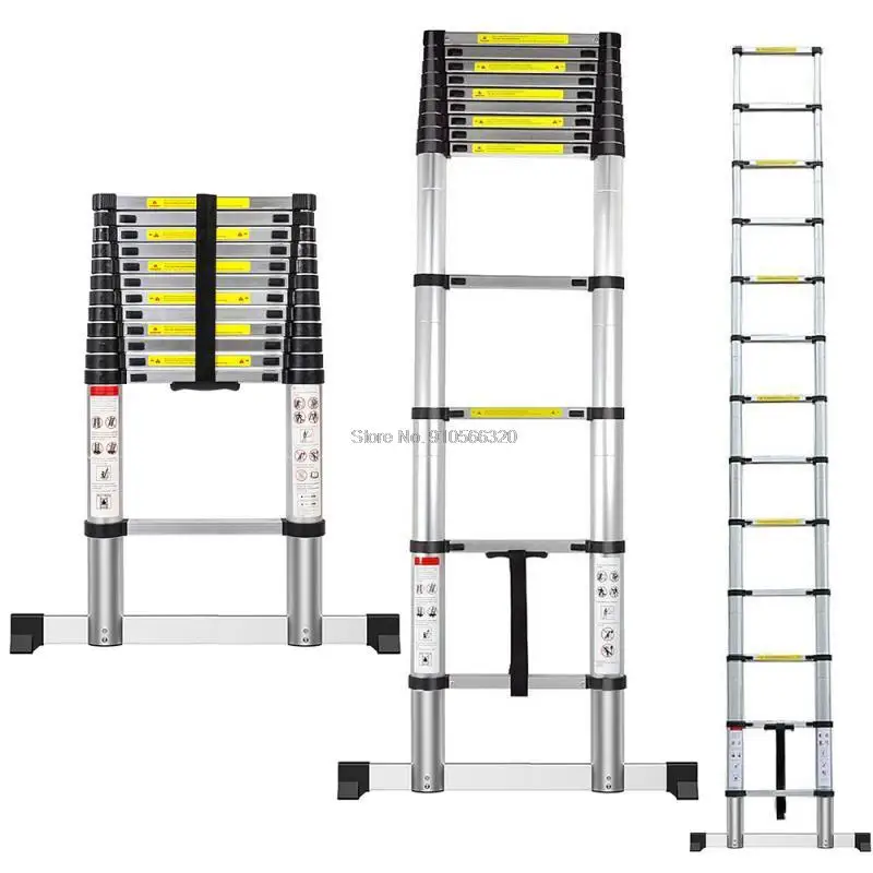 3.8m Portable Telescopic Aluminum Ladder One Button Extension Step Ladder Aluminum Alloy Folding Multi Purpose Househol Tool 