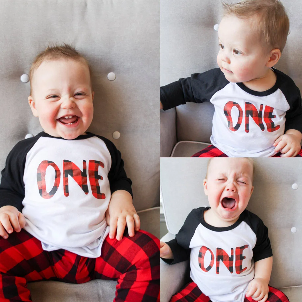 

First Birthday Buffalo Plaid Party ONE Toddler Boy Ralgan Long Sleeve Tshirt Kids Spring/autumn Casual Tee Shirts Tops Tee