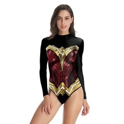 Women Long Sleeves One Piece Swimsuit Superhero 3D Print Swimwear Monokini Bathing Suit Surfing Board Bodysuit Female Beach Wear