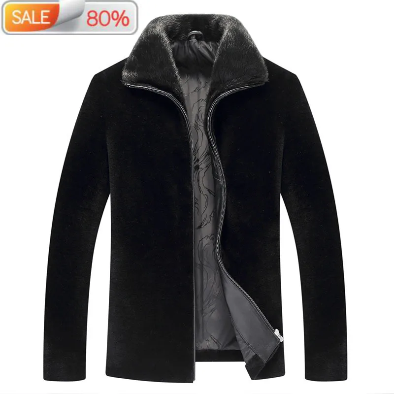 Winter Jacket 100% Wool Real Mink Collar Coat Men Sheep Shearing Fur Coats AA35 ND733