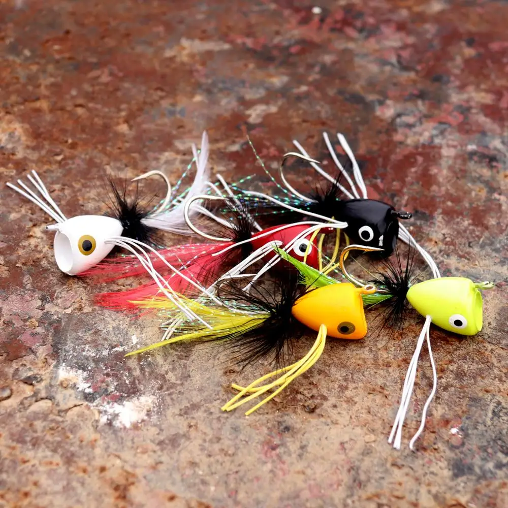 Bimoo 10pcs #2 Fly Fishing Poppers Floatable Popper Lure For Bluegill Bass Fishing White Red Black Chartreuse Orange