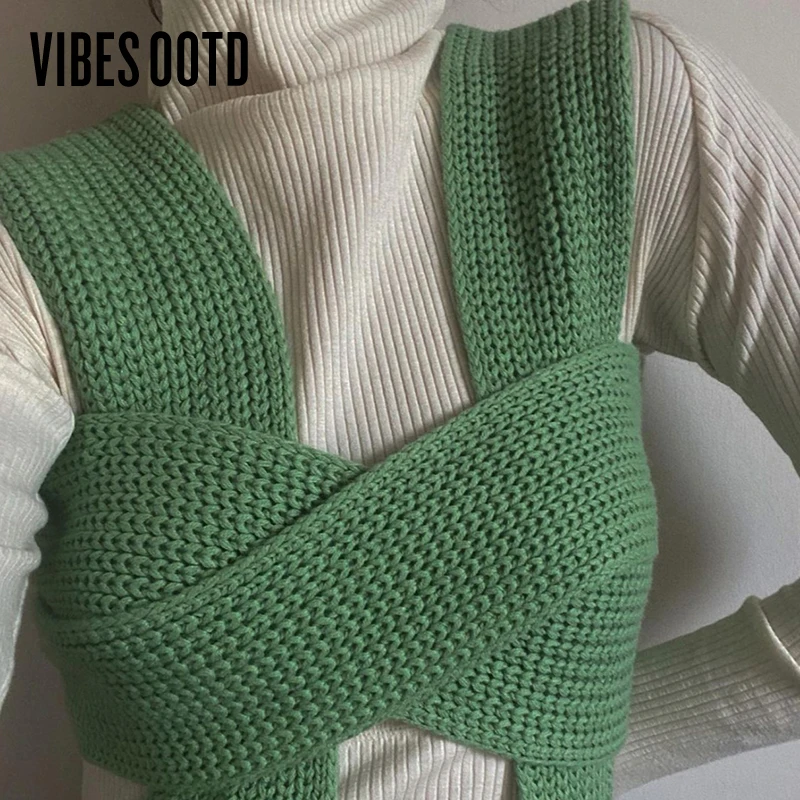 VIBESOOTD Fall Winter Knitted Crop Tops Sweaters Sleeveless Pullover Female Bandage Sweater Solid Chic Fashion Top Women