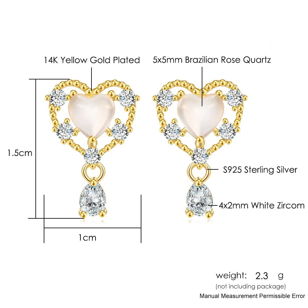 LAMOON Vive Sweety Heart 925 Silver Stud Earring For Women Natural Rose Quartz Gemstone 14K Gold Plated Fine Jewelry LMEI133 image 5