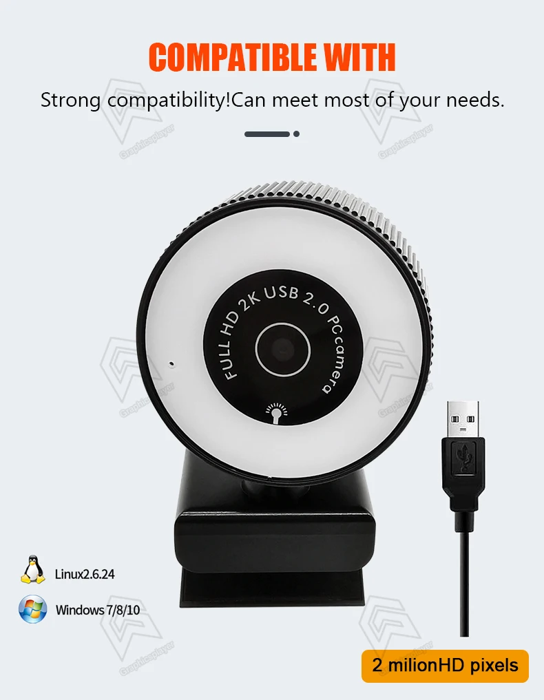 New 2K  webcam auto focus  Built-in microphone HD camera Three-color touch adjustment with Ring Selfie Light  For PC