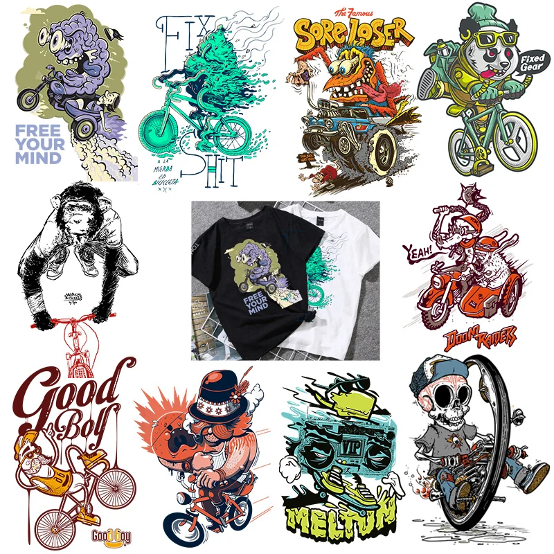 Animal Panda Skull Bicycle Stripes Iron On Heat-sensitive Patches Thermo Stickers On Clothes Transfer Fusible Clothing Custom