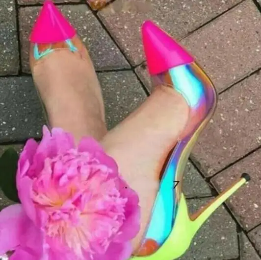 Dipsloot Pink Blue Pointed Toe Clear PVC Pumps Woman Neon Yellow Mixed Color Thin Heels Slip On Patchwork Shallow Wedding Shoes