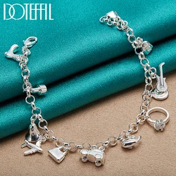 DOTEFFIL 925 Sterling Silver 24K Gold Shoe Bell Airplane Lock Car Fish Ring Lollipop Guitar Bracelet Chain Women Charm Jewelry