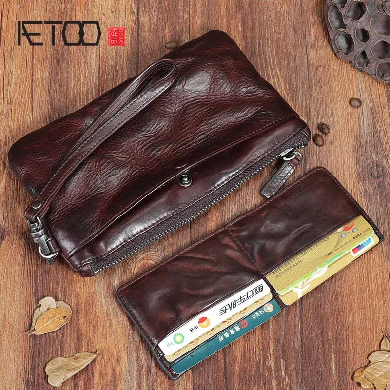 AETOO Original handmade genuine leather long wallet Vintage wrinkled leather multi-function large trend buckle wallet men