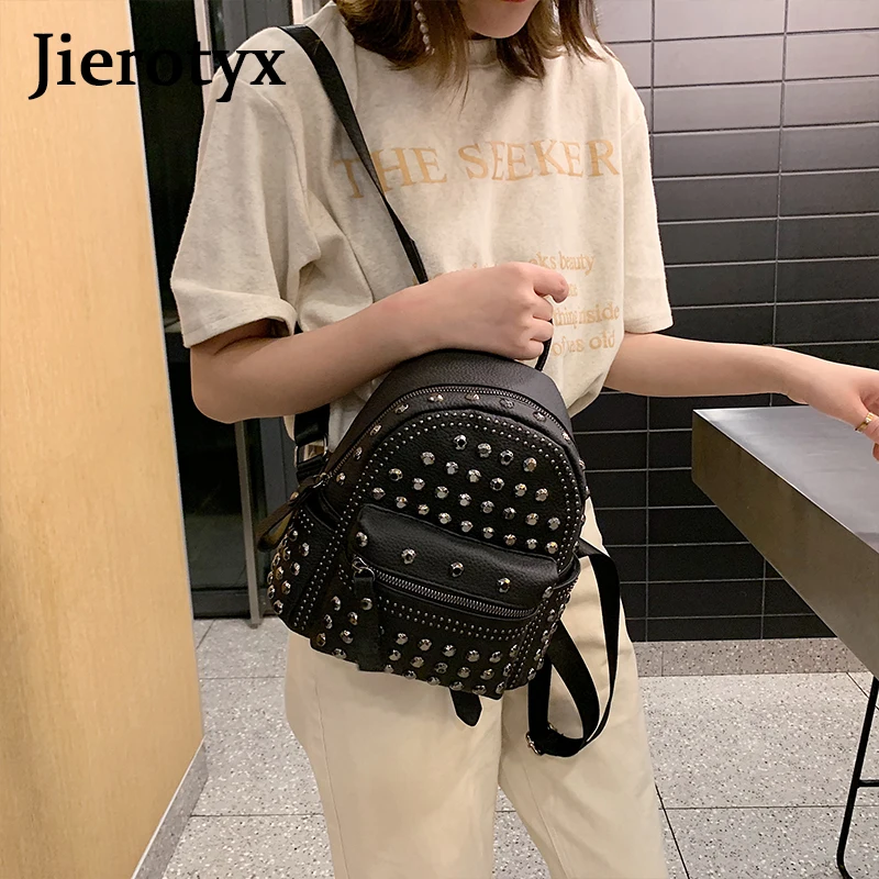 JIEROTYX 2021 New Arrival Preppy Leisure Backpack Womens Casual Daypacks Women Soild Zipper Rivet Shoulder Bags Soild Hot Sale