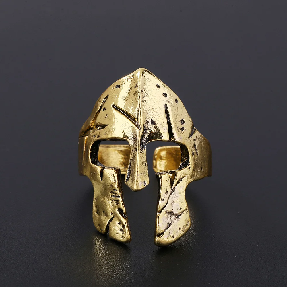 Retro Warrior Ring Spartan Mask Men\'s Rock Helmet Ring Exaggerated Jewelry Gold Silver Color Ring Gift