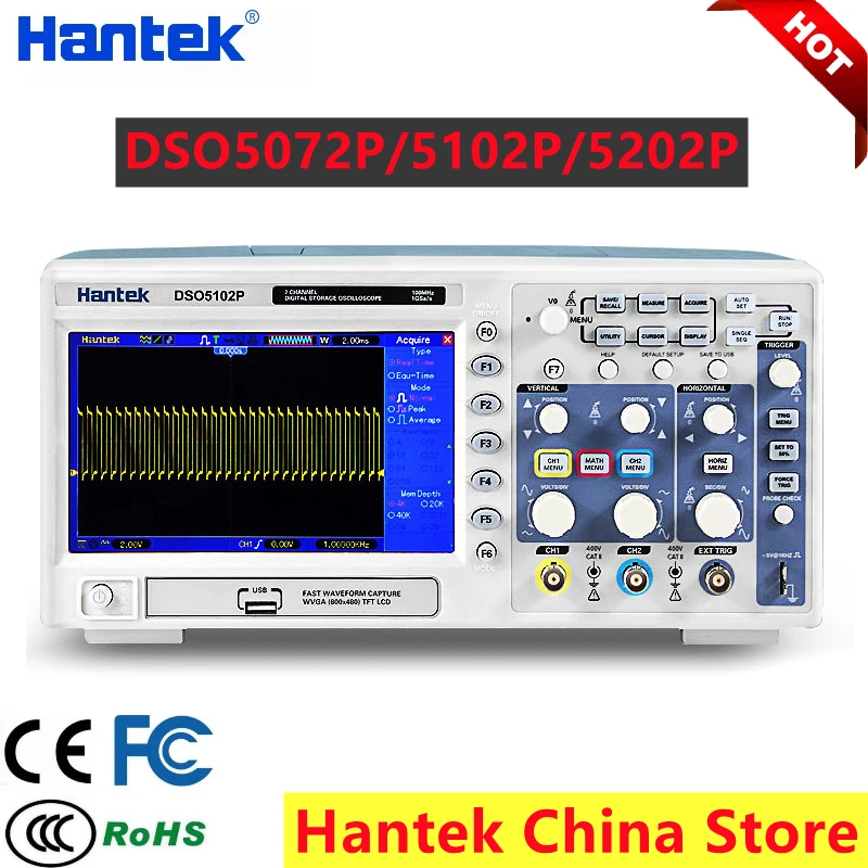 Hantek DSO5202P DSO5102P DSO5072P راسم الذبذبات للتخزين الرقمي 2-قناة 70 ميجا هرتز-200 ميجا هرتز عرض النطاق الترددي 1GSa/S 40K TFT USB تخزين